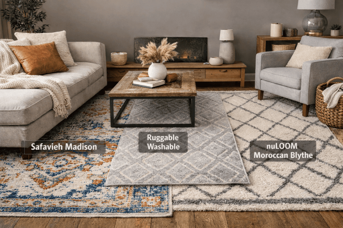 Living room with three area rugs placed under seating, showing different rug styles and textures