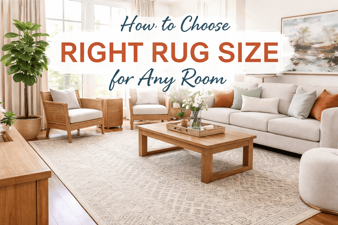 Living room with properly sized area rug anchoring sofa, chairs, and coffee table
