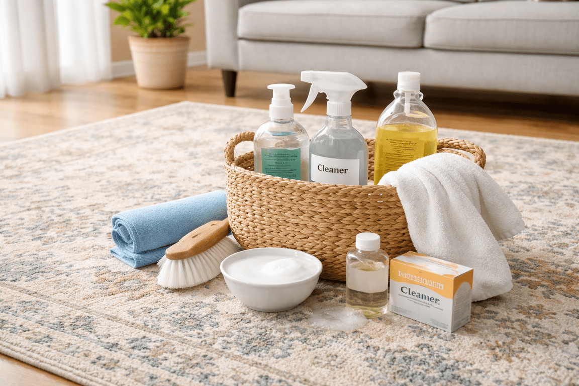 Rug cleaning tools arranged on a patterned area rug for safe at-home rug cleaning