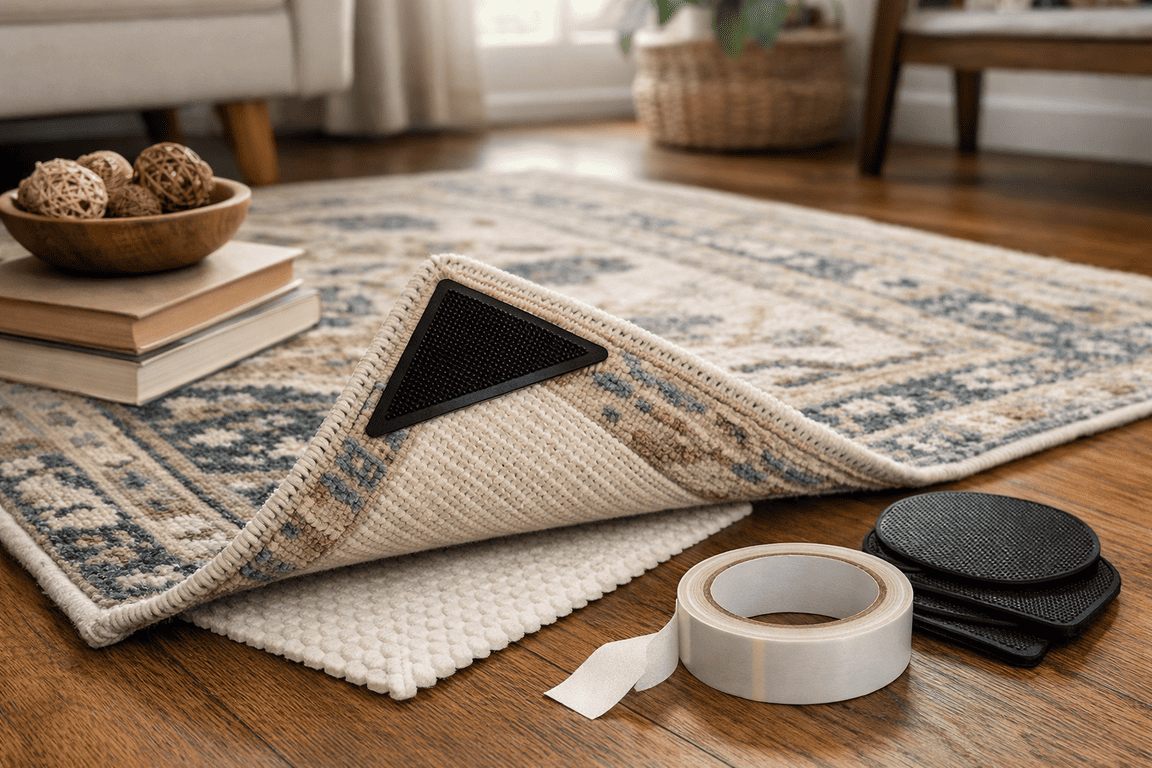 Rug corner lifted to show non-slip rug pad, corner gripper, and double-sided tape preventing rug slipping and curling on hardwood floor