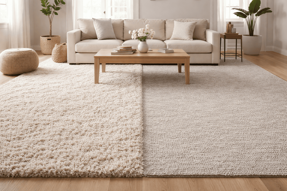 Wool rug versus synthetic rug durability comparison in a bright living room