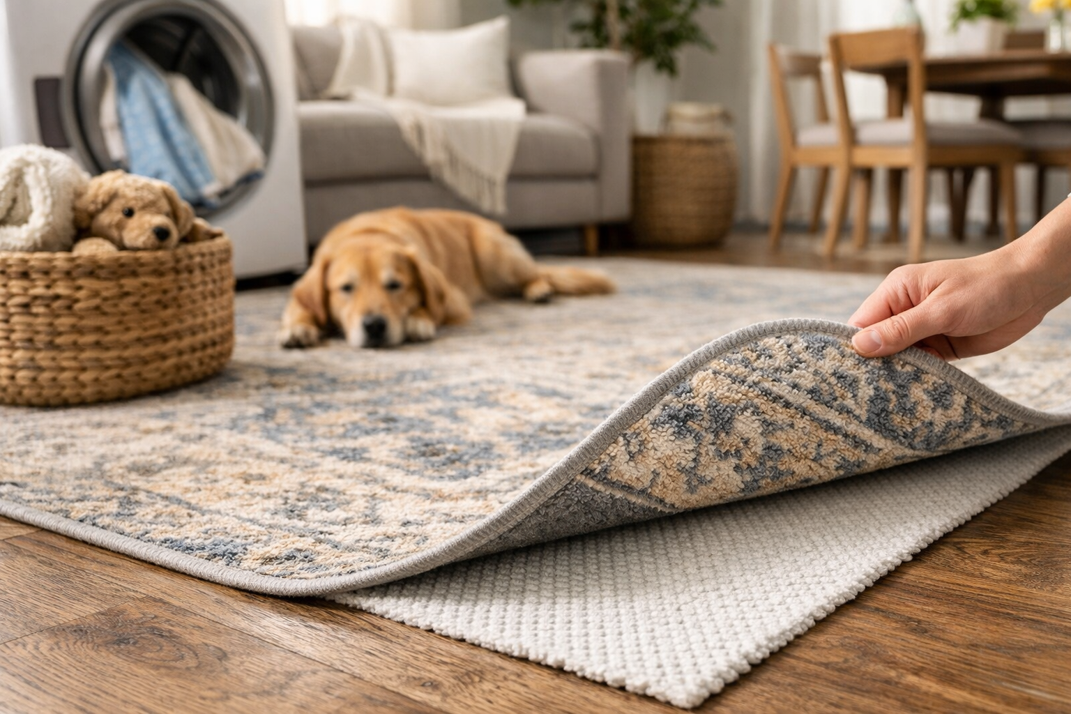 Washable area rug with removable cover lifted to show non-slip pad in a living room with a dog