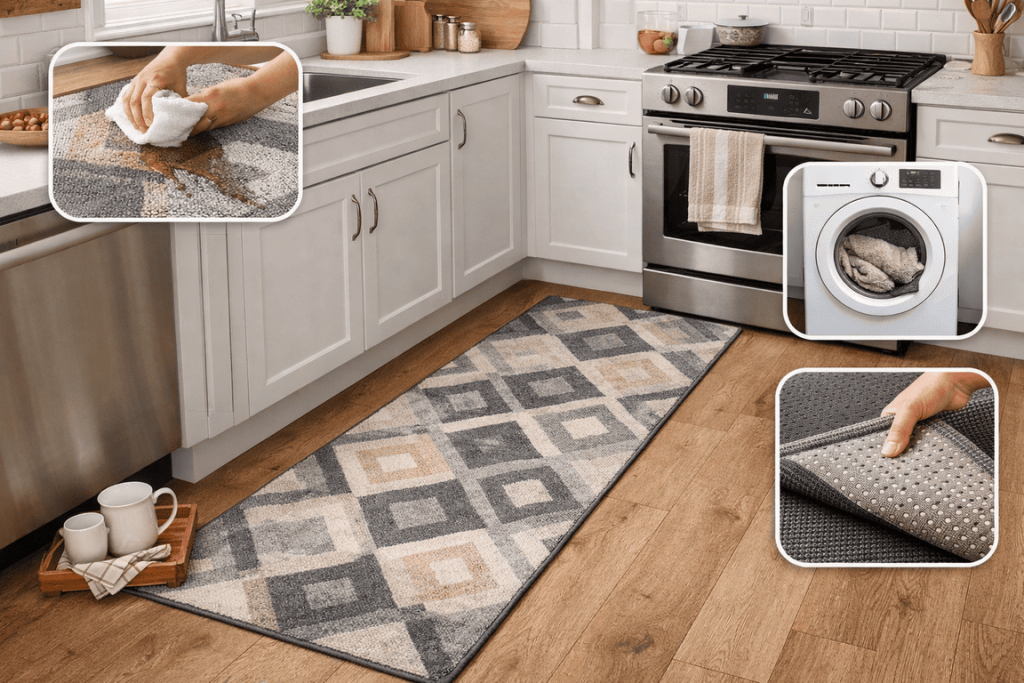 Kitchen runner rug with a low-pile design placed in front of cabinets, showing easy-clean surface, washable material, and anti-slip backing.
