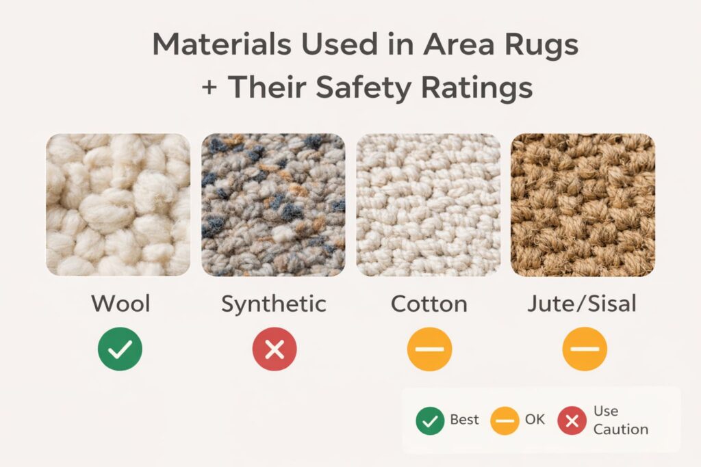 Are Area Rugs Safe? Materials, Certifications & What to Avoid 6 Comparison of common area rug materials including wool, synthetic, cotton, and jute or sisal, shown with relative safety ratings