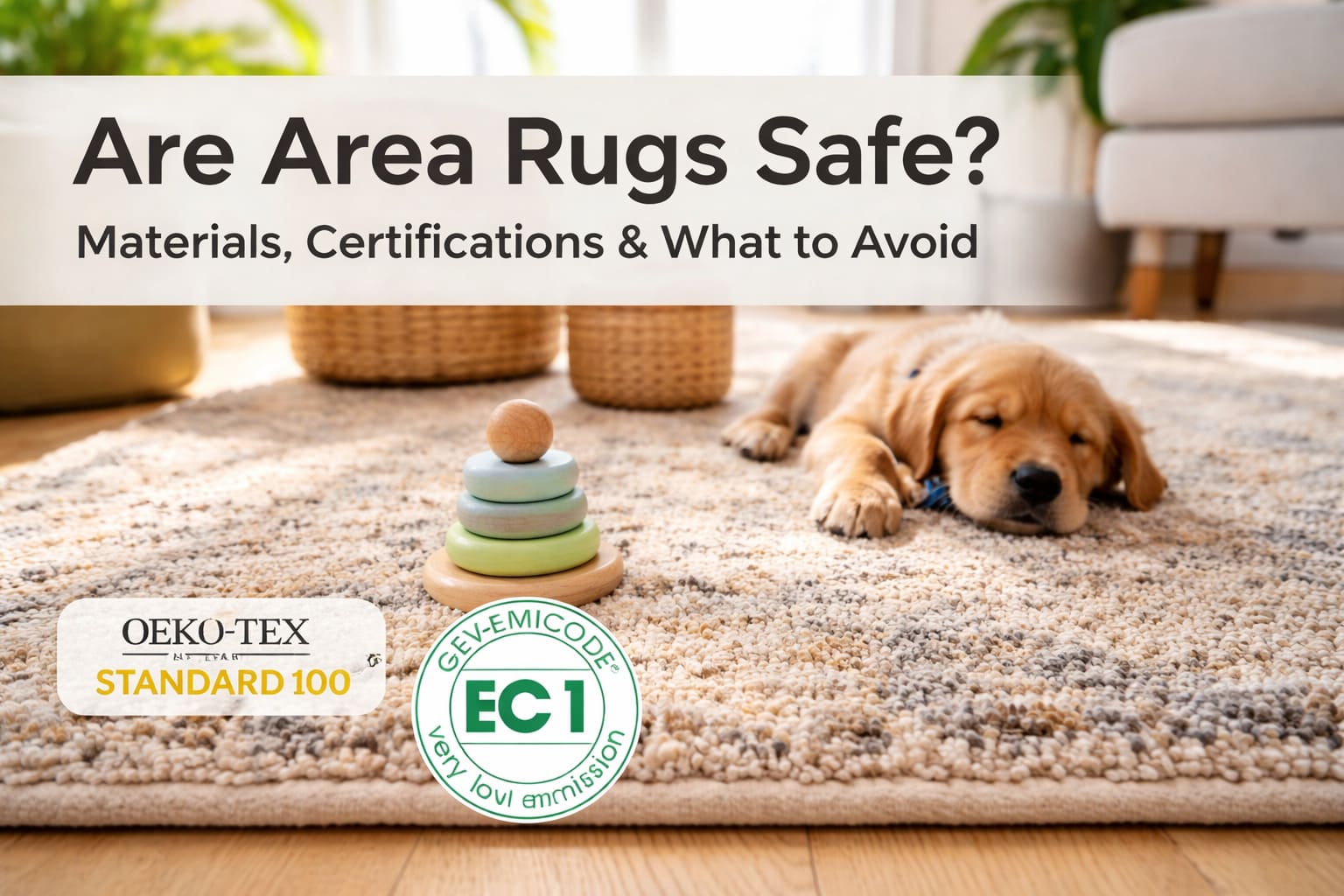 Light-colored area rug in a bright living room with a child’s wooden toy and a sleeping dog, illustrating rug safety for families and pets